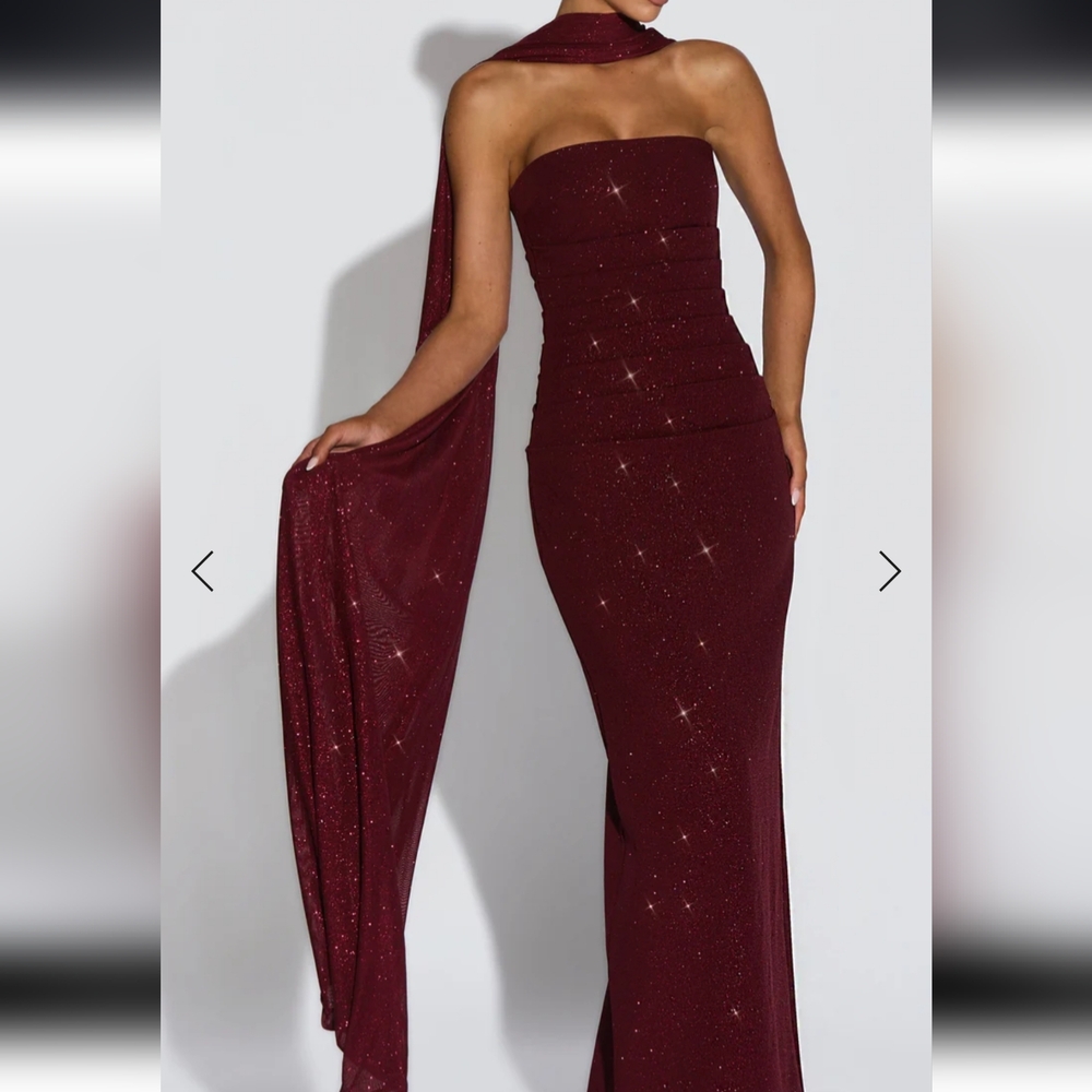 Strapless Burgundy Sparkle Evening Gown - Picture 7 of 9